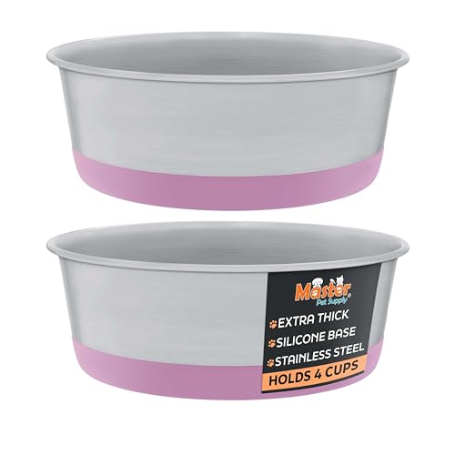 Master Pet Supply Stainless Steel Dog Bowls Set of 2 with Extra Thick Silicone Base - 4 Cup (32 oz) Hyper Pink, Non-Slip, Dishwasher Safe Metal Bowls, Pet Dog Food Bowl for Dogs, Cats, Anti Rust - color: Hyper Pink, size: 4 Cups (32 oz) 2 Pack