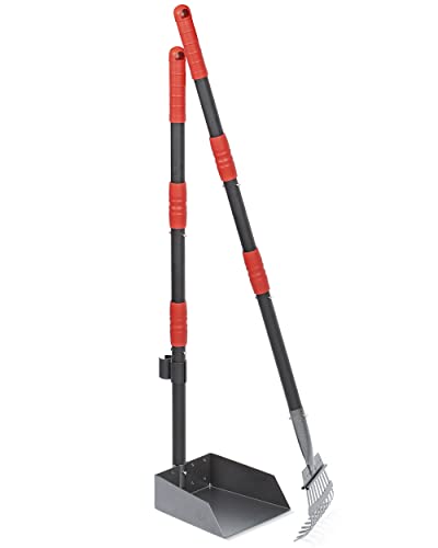 Heeyoo Dog Pooper Scooper, Dog Poop Tray and Rake Set, Pet Waste Removal Scoop with Long Adjustable Sectional Stainless Handles - color: Black/Red