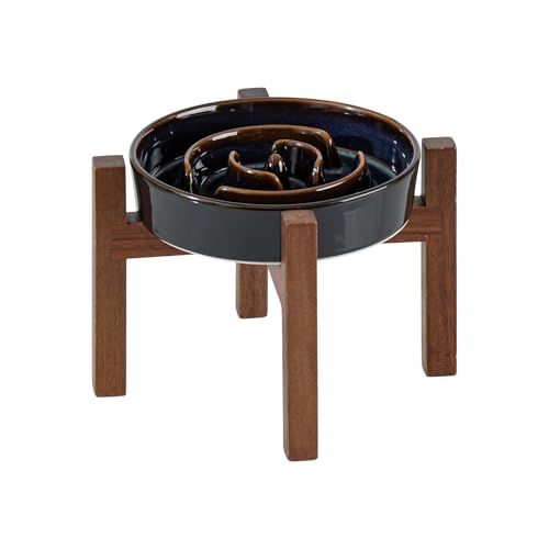 Havniva 1.2 Cup Elevated Slow Feeder Dog Bowls, 7.3” Ceramic Dog Slow Feeding Bowls with Acacia Wood Stand, Raised Dog Food Bowl Puzzle Slow Feeder for Small Dogs/Fast Eater, Non-Slip & Anti-Choking - color: 1 x Starry Sky + Stand - A, size: M- 7.3inch /