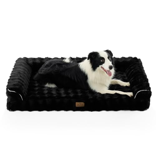 Faux Fur Orthopedic Dog Bed, Extra Large Dog Bed, Supportive Foam Pet Sofa with Waterproof Lining Cover, Washable U-Shaped Pet Couch with Anti-Slip Bottom Design, Black XXL 48x32x8 inch - color: Black, size: XXL (48x32x8 inch)