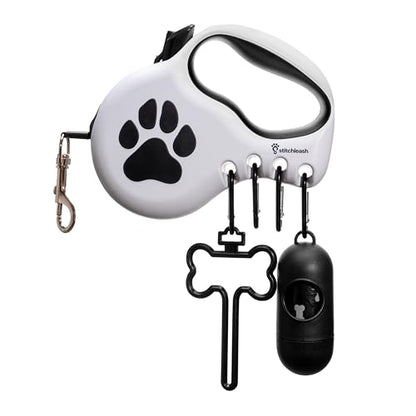 Award-Winning Retractable Dog Leash for Small and Medium Dogs (Max 55 lbs), Clip & Go System with Reflective Tape and Ergonomic Handle, Includes Clips, Poop Bag Holder and Dispenser, White - color: White, size: S/M - Up to 55 Lbs