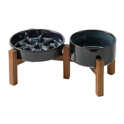 Havniva 1.2 Cup Elevated Slow Feeder Dog Bowls, 7.3” Dog Slow Feeding Bowls + 6.1” Ceramic Dog Water Bowls Set with Acacia Wood Stand, Dog Food Bowls Puzzle Feeder for Small Dogs Non-Slip Anti-choking - color: 2 x Starry Sky + Stand - C, size: M- 7.3inch