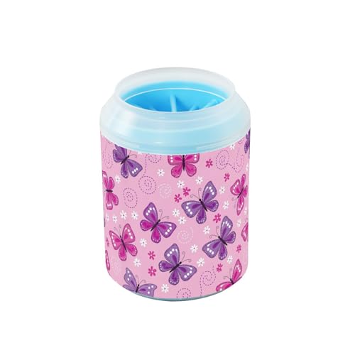 Spring Butterflies Flowers Pink Pattern Dog Paw Cleaner Cup with Soft Silicone Brush, Lightweight Small Portable Muddy Paw Washer for Dogs, Easy to Use Pet Foot Cleaner