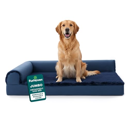 Furhaven Orthopedic Dog Bed for Large Dogs w/ Removable Bolsters & Washable Cover, For Dogs Up to 95 lbs - Plush & Velvet L Shaped Chaise - Deep Sapphire, Jumbo/XL - color: Deep Sapphire, size: Jumbo