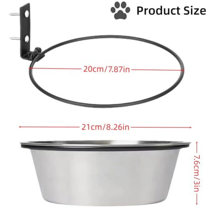 Wall Mounted Dog Bowl 8" Dia Adjustable Height Stainless Steel Elevated Pet Feeding Water Bowl for Medium & Large Dogs Cat Chicken Pig with Collapsible Stand Holder, 21 × 7.6cm