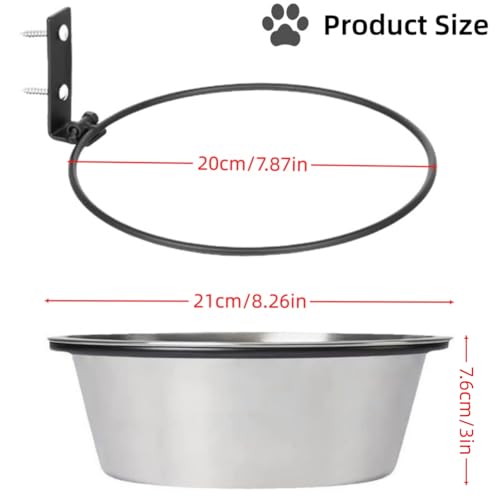 Wall Mounted Dog Bowl 8" Dia Adjustable Height Stainless Steel Elevated Pet Feeding Water Bowl for Medium & Large Dogs Cat Chicken Pig with Collapsible Stand Holder, 21 × 7.6cm
