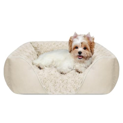 INVENHO Small Dog Bed Rectangle Washable Orthopedic Soft Calming Sleeping Durable Pet Cuddler with Anti-Slip Bottom - color: Cream, size: S(20"x 19"x 6")