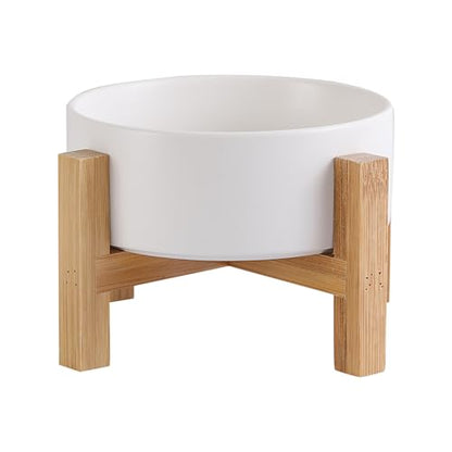 Elevated Ceramic Cat Bowl - Cat Food Bowl with Bamboo Stand - Raised Dog Dish for Puppies - Anti Vomiting, Stress Free - 13.5 oz / 400 ml - White - color: White, size: Small
