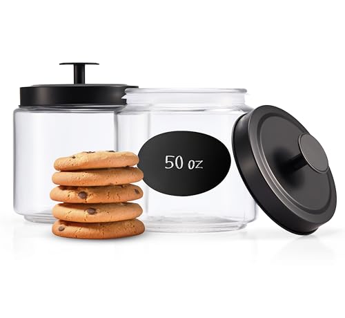 KooK Glass Kitchen Canister Set, Food & Storage Containers for Pantry, Bathroom Apothecary Jars, Tinplate tight Lids, Counter Organizers, 50 oz, Black, Set of 2 - color: Small, Black Lid