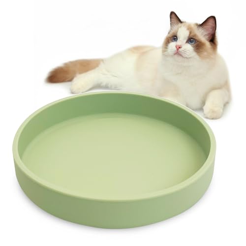Silicone Cat Food Bowl Shallow Dishes 5.9in Wide Cats Bowls Kitty Plates Relief Whisker Fatigue Puppy Feeding Bowl for Dry Food and Wet Food Indoor (Round Bean Green) - color: 1 Pcs-(Bean Green), size: M: 5.9 inches - without Suction Cup