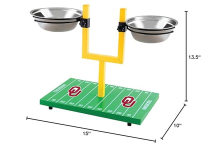 NCAA Oklahoma Sooners Goalpost Football Field Dog Feeder – Adjustable Elevated Dog Bowls with Stand, 2 Stainless Steel Bowls, Non-Slip Rubber Feet, Raised Pet Feeder for Large & Small Dogs