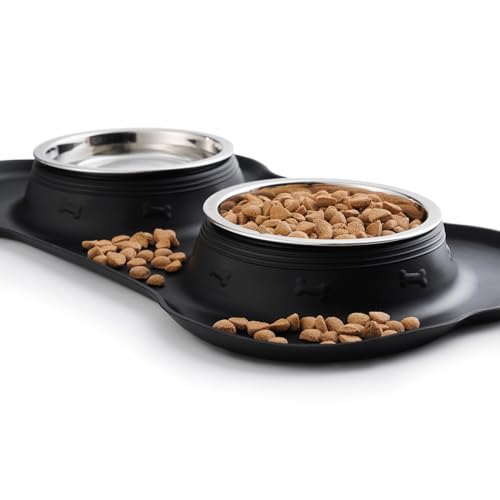Hubulk Pet Dog Bowls 2 Stainless Steel Dog Bowl with No Spill Non-Skid Silicone Mat + Pet Food Scoop Water and Food Feeder Bowls for Feeding Small Medium Large Dogs Cats Puppies (M, Black) - color: Black, size: Medium