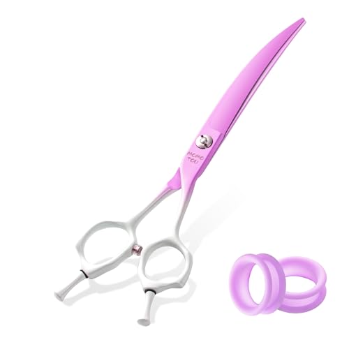 7'' Curved Dog Grooming Scissors Violet to White Gradient | 440C Stainless Steel, Sharp Durable, Professional or Home Use, Ergonomic Handle with 2 Silicone Finger Rings - color: Violet
