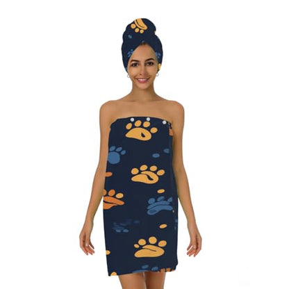 Dog Paw Orange Blue Microfiber Bathrobe and Hair Towel Wrap Set for Women Quick Dry Shower Towels Wrap Absorbent Soft Bath Robe and Hair Drying Cap for Spa After Shower