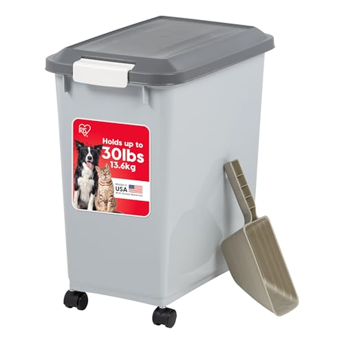 IRIS USA Dog Food Storage Container with Wheels, Airtight Lid, 2-Cup Scoop, Up to 30 Pounds Pet Food Storage, Built in Scoop Storage in Lid, Versatile Pet Food Bin, Portable, BPA Free, Gray/Dark Gray - color: Gray/Dark Gray, size: 30 lbs