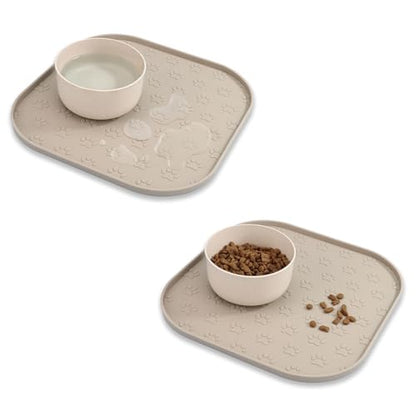 2 Pack Pet Feeding Mats, Waterproof Anti-Slip Placemats for Dog Cat Bowl Silicone Pet Food Mat, Raised Edge Prevent Spills on Floor & Carpet, Dishwasher Safe (2 Beige, 11" x 11") - color: 2 Beige
