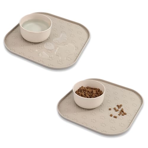 2 Pack Pet Feeding Mats, Waterproof Anti-Slip Placemats for Dog Cat Bowl Silicone Pet Food Mat, Raised Edge Prevent Spills on Floor & Carpet, Dishwasher Safe (2 Beige, 11" x 11") - color: 2 Beige