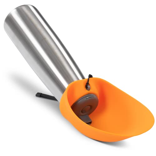 Messy Mutts Double Wall Vacuum Insulated Stainless Steel Travel Water Bottle with Silicone Flip Up Bowl | Pet Travel Necessity | Camping, Hiking, Walking Accessory | 20 oz / 600mL | Orange