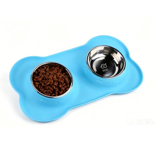 Dog Bowls 2 Stainless Steel Bowl for Pet Water and Food Feeder, No Spill Non-Skid Silicone Mat Suitable for Small Medium Size Dogs, Cats and Puppies (Blue) - color: Blue