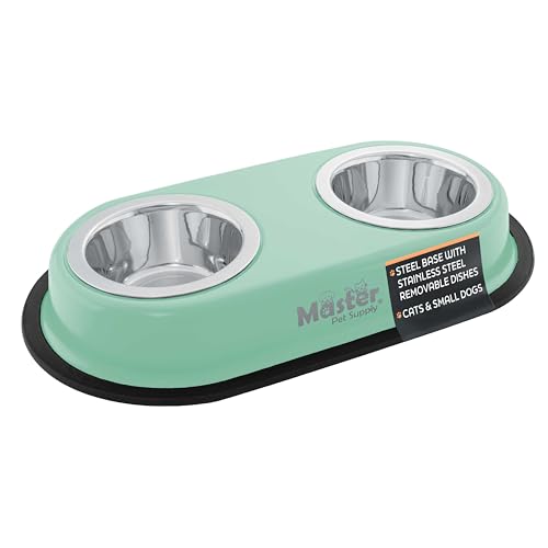 Master Pet Supply Double Dog Bowls Set with Elevated Base and 2 (8 oz) Stainless Steel Removable Dishes (Pistachio) – Double Cat Food Water Bowl, Dog Puppy Food Bowl Set, Rust Resistant - color: Pistachio