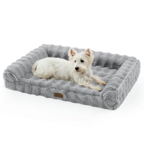 COZY KISS Faux Rabbit Fur Orthopedic Dog Bed, Dog Bed for Large Size, Supportive Foam Pet Sofa with Waterproof Lining Cover, Washable U-Shaped Pet Couch with Anti-Slip Bottom, Grey L 36x27x6.5 inch - color: Grey, size: L (36x27x6.5 inch)