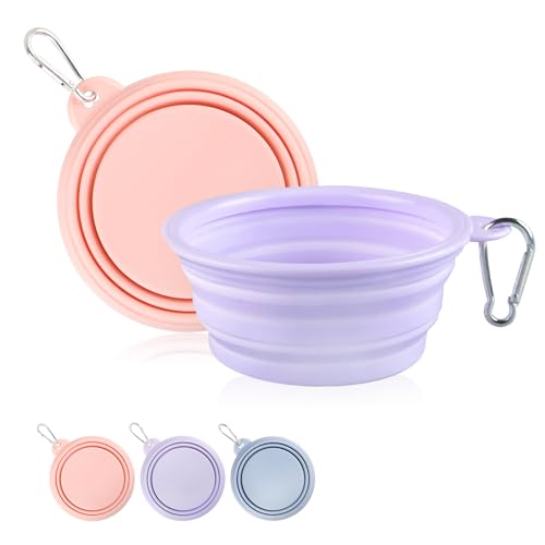 Collapsible Dog Bowls 2-Pack, Portable Travel Dog Bowl with Carabiner, Food-Grade Silicone Pet Bowl for Hiking, Walking (22 OZ Macaron Pink and Violet) - color: 22 OZ Macaron Pink and Violet