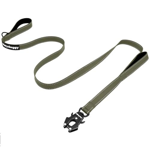 Strong Heavy Duty Dog Leash - 5ft Reflective Nylon Training Leash with Soft Padded Double Handle & Auto Lock Frog Clip - Safety Traffic Control for Large Medium Small Dogs No Pull Walk Army Green,4ft - color: Army Green, size: 4FT x 1" x 2.8MM
