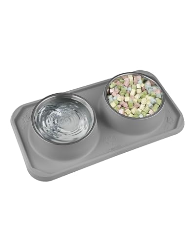 Cat Bowls for Food and Water, Upgrade Cat Food Bowls for Indoor Cats, Premium Removable Stainless Steel Double Bowls with Silicone Anti-Slip Pads, Water Bowl for Cats and Dog (Drak Grey) - color: dark grey