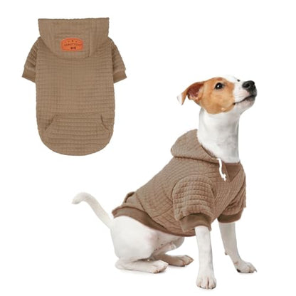 BEAUTYZOO Small Dog Hoodie Sweater with Pockets, Dog Clothes for Small Medium Dogs Boy Girl, Waffle-Like Laminated Cotton Pet Coats with Hat and Leash Hole, Khaki XS - color: Khaki, size: XS (Back: 10",Chest: 14", Neck: 8.7")
