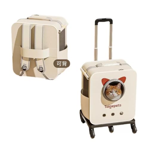 Rolling Cat Carrier Backpack with Wheels, Large Breathable Pet Travel Bag, Lightweight Space Capsule Pet Luggage Carrier for Cats Small Dogs Up to 22lbs
