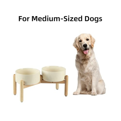 Havniva 7.3inch Ceramic Raised Dog Bowl with Stand, Double Dog Bowls Elevated for Medium Breed Dog Food and Water Bowl Set Non-Slip Dog Dish Large Capacity Feeding Pet Water Bowl - color: 2 Bowls+Stand - Light Yellow, size: 7.3inch