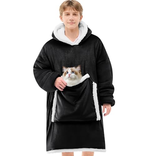 JOYWOO Black Wearable Blanket Hoodie,Oversized Cat Lovers Sweatshirt Blanket for Adult & Teens,Birthday Gifts for Women Men Mom Girl Boys,Cozy Fuzzy Sherpa Sweatshirt Blanket Giant Pocket Gifts,Small - color: Midnight Black, size: Small
