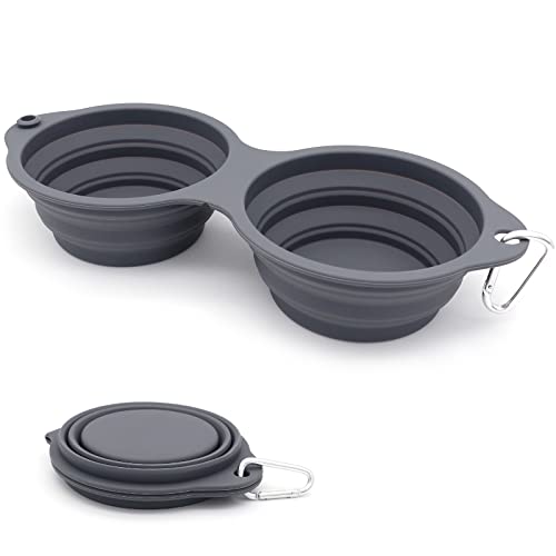 SLSON Collapsible Dog Bowls,Integrated Molding Dog Double Bowl No Plastic Rim 2 in 1 Foldable Pet Food & Water Bowl Cat Feeder Dish for Walking,Hiking,Camping (Dark Grey) - color: Dark Grey