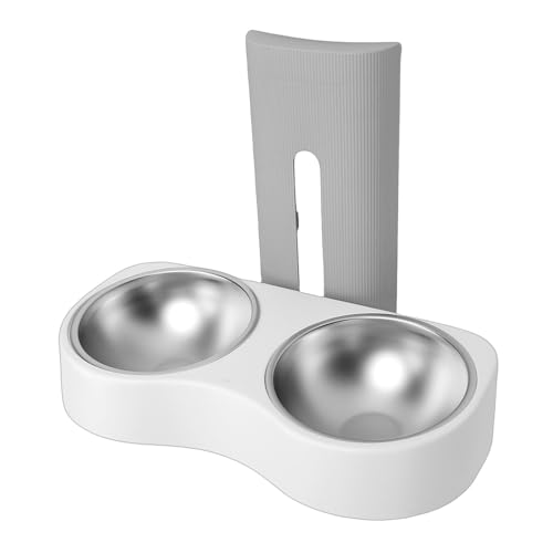Yunseity Wall Mounted Pet Feeding Bowl, Stainless Steel Adjustable Height Double Bowls, Wall Pet Dish Feeding Station for Dog Cat Small Puppy (Gray White) - color: Gray White