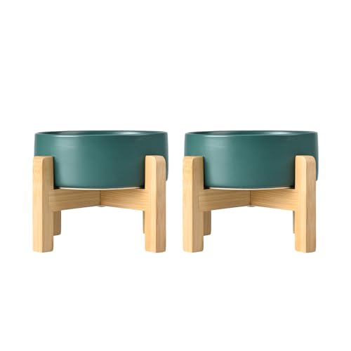SPUNKYJUNKY Ceramic Elevated Dog Bowls 2 Pack - 6.1inch Raised Dog Bowls with Non-Slip Wooden Stand for Medium Dogs Dishwasher Safe(Green,28.7OZ*2) - color: Green, size: Medium - 3.6 CUPS*2