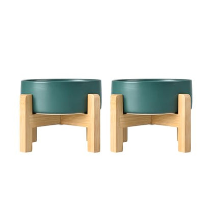 SPUNKYJUNKY Ceramic Elevated Dog Bowls 2 Pack - 6.1inch Raised Dog Bowls with Non-Slip Wooden Stand for Medium Dogs Dishwasher Safe(Green,28.7OZ*2) - color: Green, size: Medium - 3.6 CUPS*2