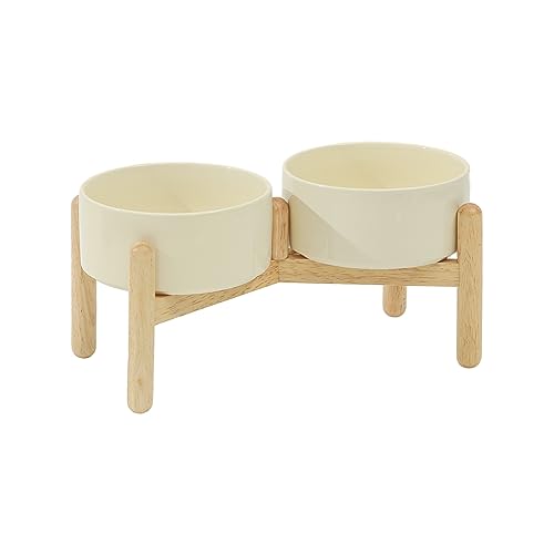 Havniva 6.1inch Ceramic Raised Dog Bowl with Stand, Double Dog Bowls Elevated for Small and Medium Breed Dog Food and Water Bowl Set Non-Slip Dog Dish Large Capacity Feeding Pet Water Bowl - color: 2 Bowls+Stand - Light Yellow, size: 6.1inch