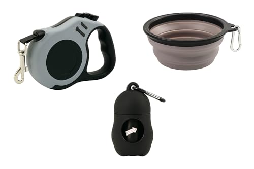 4-in-1 Retractable Dog Leash Set Includes Waste Bag Dispenser, Refill Bags & Collapsible Water Bowl Heavy Duty Nylon Leash with One-Hand Lock, Anti-Slip Grip for Small to Medium Pets (Black and Gray) - color: Black and Gray