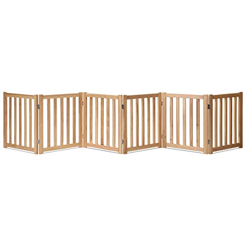 LZRS 6-Panel Extra-Wide Freestanding Wooden Dog Gate Indoor – 24”High Foldable Safety Pet Barrier for Doorways, Hallways, Kitchens, Durable Design fit Small to Medium Dogs, Natural - color: Natural, size: 24"Height-6 Panel