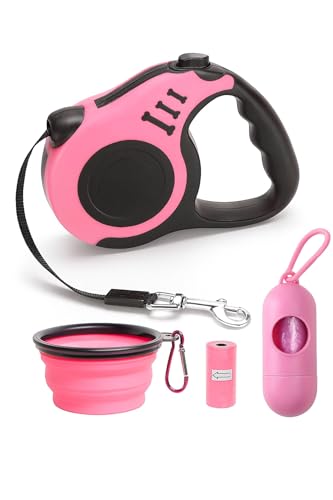 4-in-1 Retractable Dog Leash Set Includes Waste Bag Dispenser, Refill Bags & Collapsible Water Bowl Heavy Duty Nylon Leash with One-Hand Lock, Anti-Slip Grip for Small to Medium Pets (Pink) - color: Pink