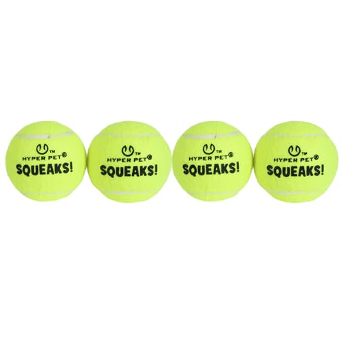 Hyper Pet Squeaks! Tennis Balls Fetch Dog Toy with Squeakers Pack of 4 Green | Durable Non-Abrasive Tennis Balls for Active Dogs | Indoor Outdoor Play | 2.5" Medium Ball - color: Green, size: 4 Pack – Squeak