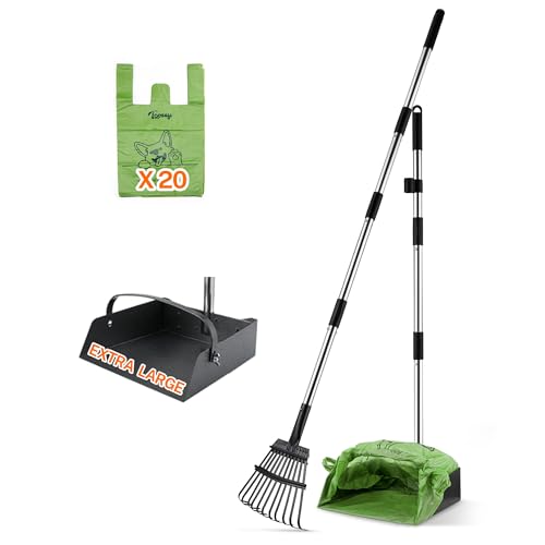 Toozey Dog Pooper Scooper for Large Dogs — 54" Extra Long Handle Poop Scooper for Yard Use, Extra Large Metal Tray & Bag Holder | Easy Cleanup for All Dog Sizes with 20 Bags - size: 54.33" Handle Rake