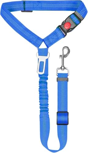 Dog Seat Belt, Adjustable Dog Safety Belt Leash, 2 in 1 Latch Bar Attachment Dog Car Seatbelt with Elastic Nylon Bungee Buffer Reflective Connect to Dog Harness（43in*0.98in） (Dark Blue) - color: Dark Blue