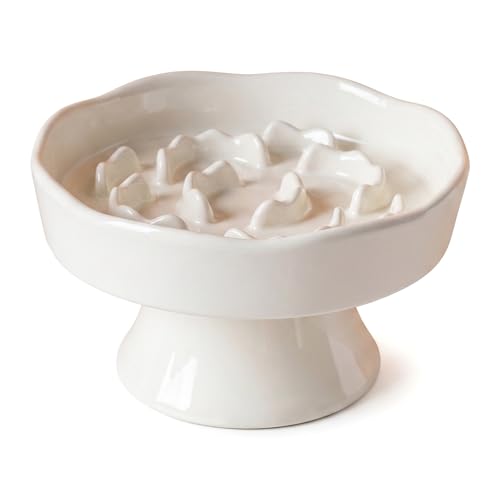 Elevated Ceramic Slow Feeder Dog Bowl | Raised Maze Puzzle Feeder Small Medium Dogs | Anti-Vomit Reduces Bloating | Non-Slip Enrichment Puppy Bowl - color: White