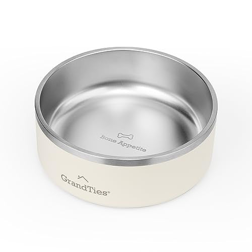 GrandTies Stainless Steel Engraved Pet Bowl | Reusable BPA-Free Insulated Cat & Dog Bowls | Large Heavy Duty Non Skid Spill Proof Dog Bowl | Outdoor Dog Water Bowl (42oz, Ivory White) - color: Ivory White, size: 42oz