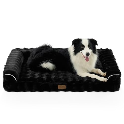 COZY KISS Faux Rabbit Fur Orthopedic Dog Bed, Large Dog Bed, Supportive Foam Pet Sofa with Waterproof Lining Cover, Washable U-Shaped Pet Couch with Anti-Slip Bottom Design, Black XL 42x30x7 inch - color: Black, size: XL (42x30x7 inch)