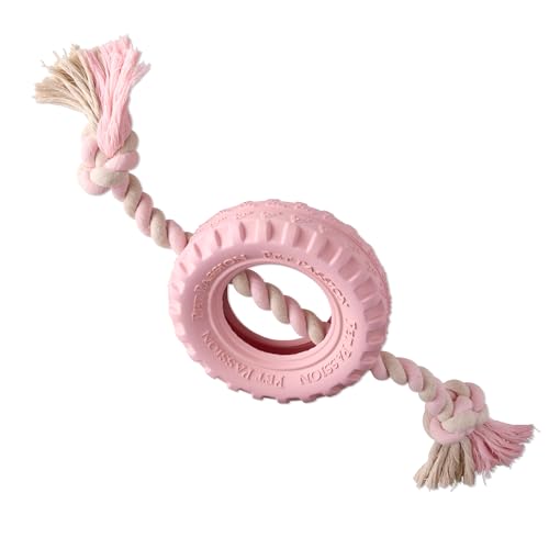 Pet Passion Natural Rubber Tire and Organic Cotton Rope Pull and Chew Dog Toy for All Pet Breeds, Blush, Small - color: Blush, size: Small