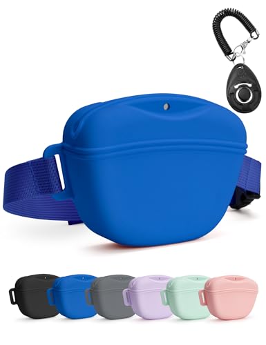 heouvo Dog Treat Pouch with Training Clicker, Upgrade Stronger Magnetic Closure to Avoid Spilling, 1.67 Cup Silicone Treat Bag Fanny Pack with Waist Belt for Pet Training Walking (Blue) - color: Blue