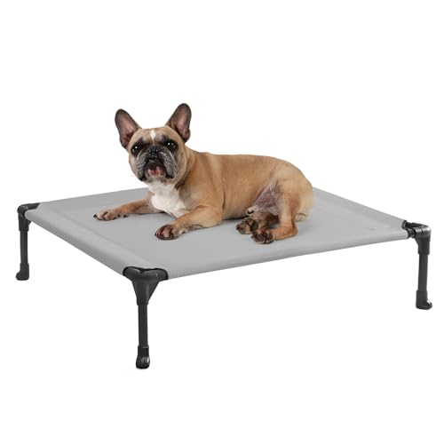 Veehoo Outdoor Elevated Dog Bed for Medium Dogs, Cooling Raised Dog Cots Beds Training Platform Off Ground Hammock with Breathable Mesh, No-Slip Feet, 32"x25", Grey - color: Silver Gray, size: 32.0"L x 25.0"W x 7.0"Th
