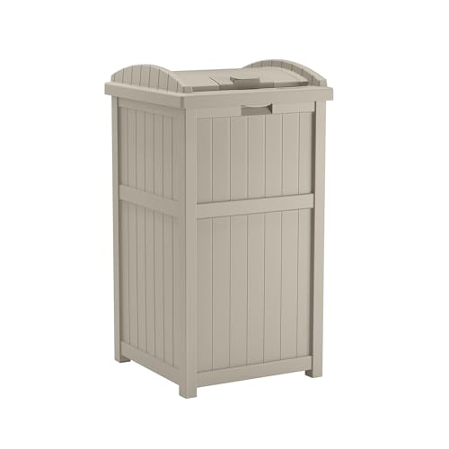 Suncast Hideaway Outdoor Trash Can with Lid - 30 Gallon Trash Can, Light Taupe, Decorative Wicker-Style Garbage Bin, Weather-Resistant Resin Fits 30-33 Gallon Bags, Ideal for Patio & Yard, Made in USA - color: Taupe, size: 1 Pack